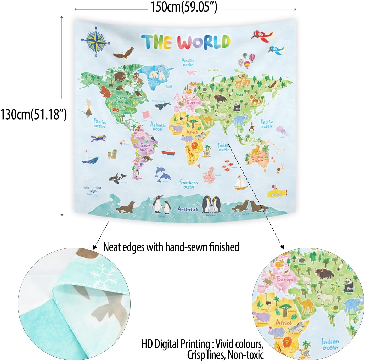 Kids World Map Wall Tapestry E - Kids Education Room 评论和价格