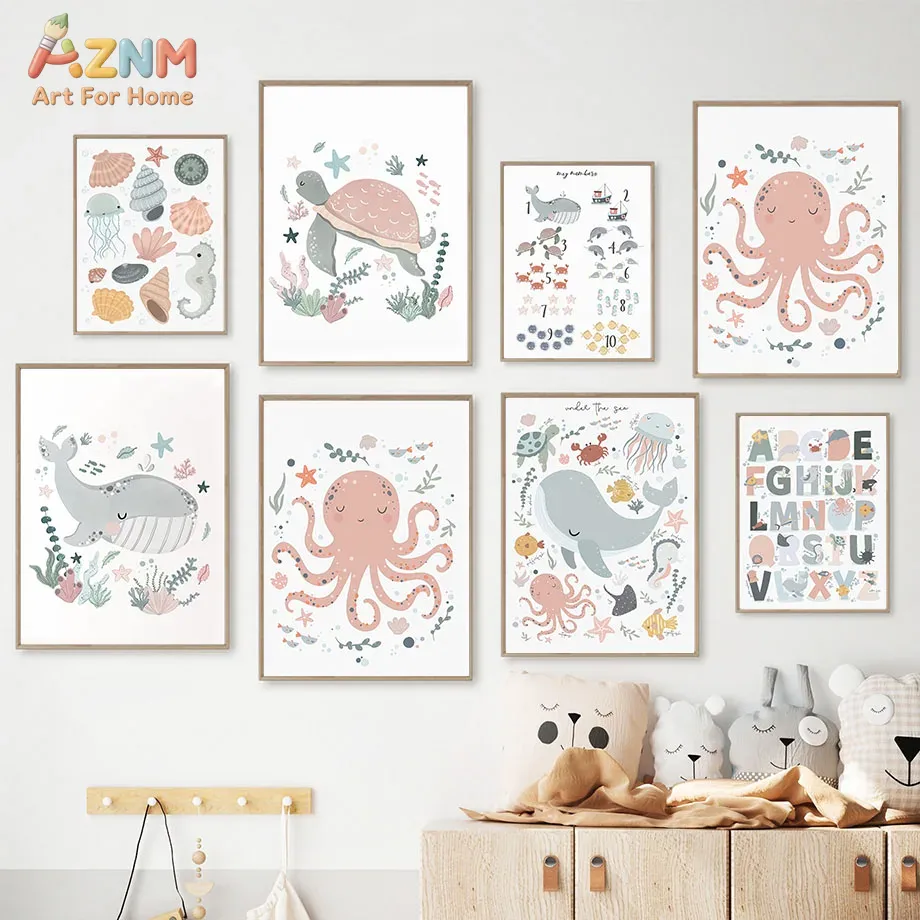 AZNM Nursery Sea Animal Canvas - Kids Education Room 评论和价格